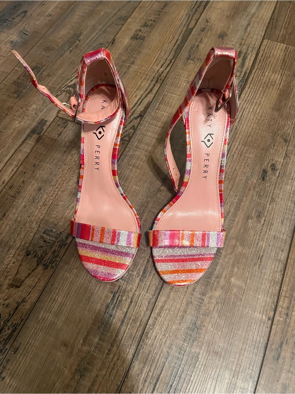 Katy Perry Collections Pink Red Orange Striped Ankle Strap Heels